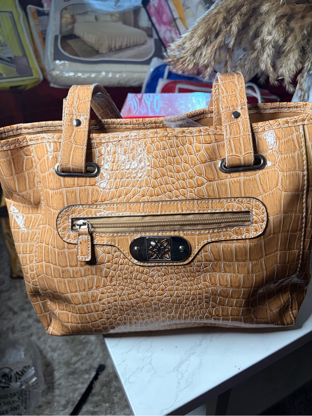 Croc-Embossed Tan Tote Handbag with Front Zip Pocket